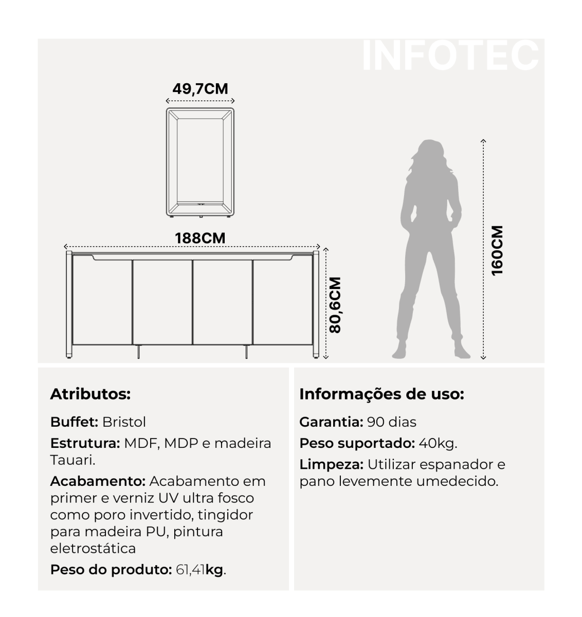 Buffet 4 Portas 2 Gavetas Bristol 189 cm Off-White Fosco com Natural
