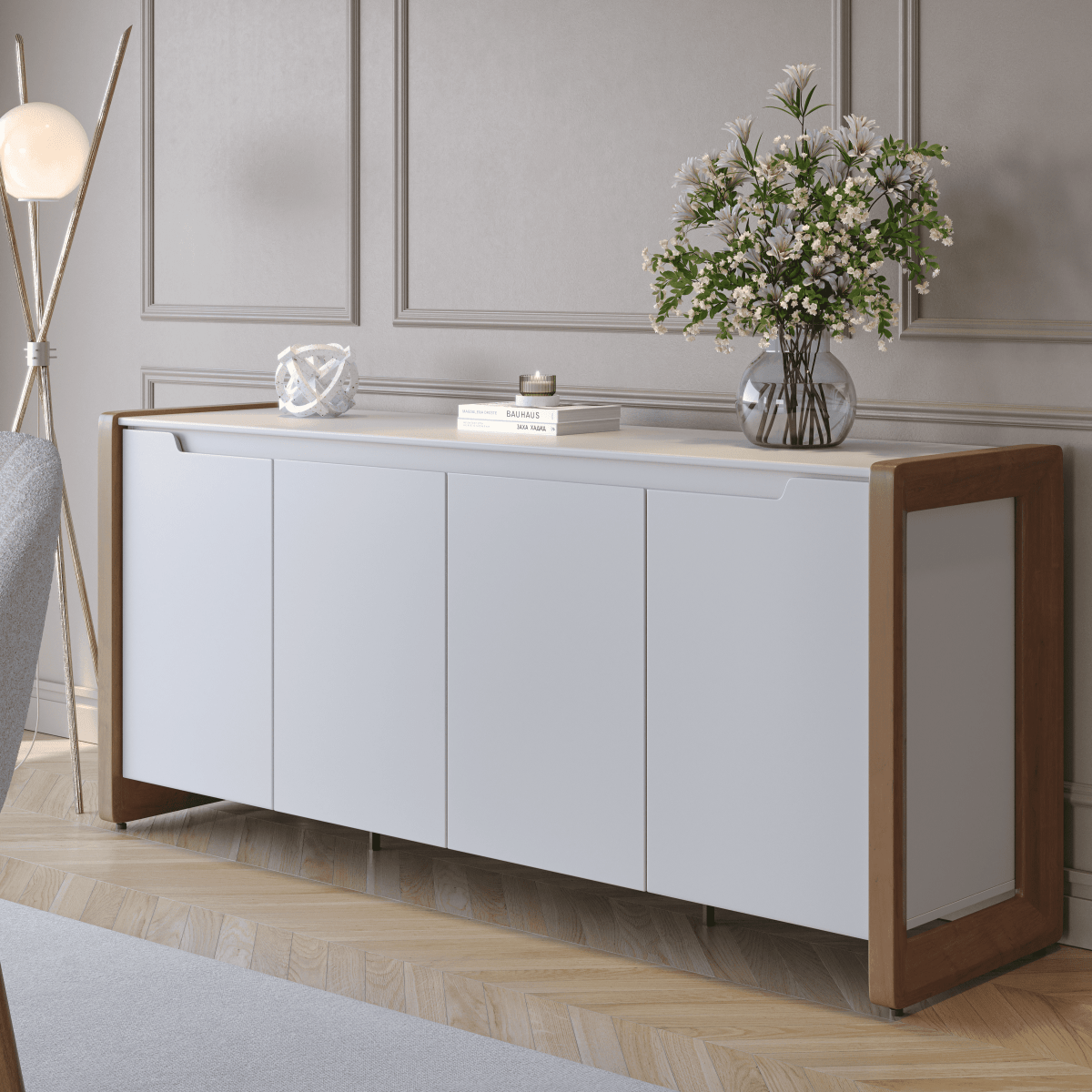 Buffet 4 Portas 2 Gavetas Bristol 189 cm Off-White Fosco com Natural