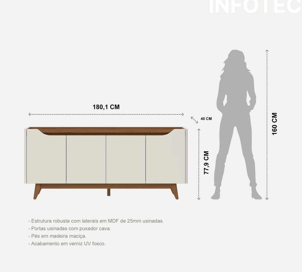 Buffet 4 Portas Pulse 180 cm Off-White Fosco com Canella