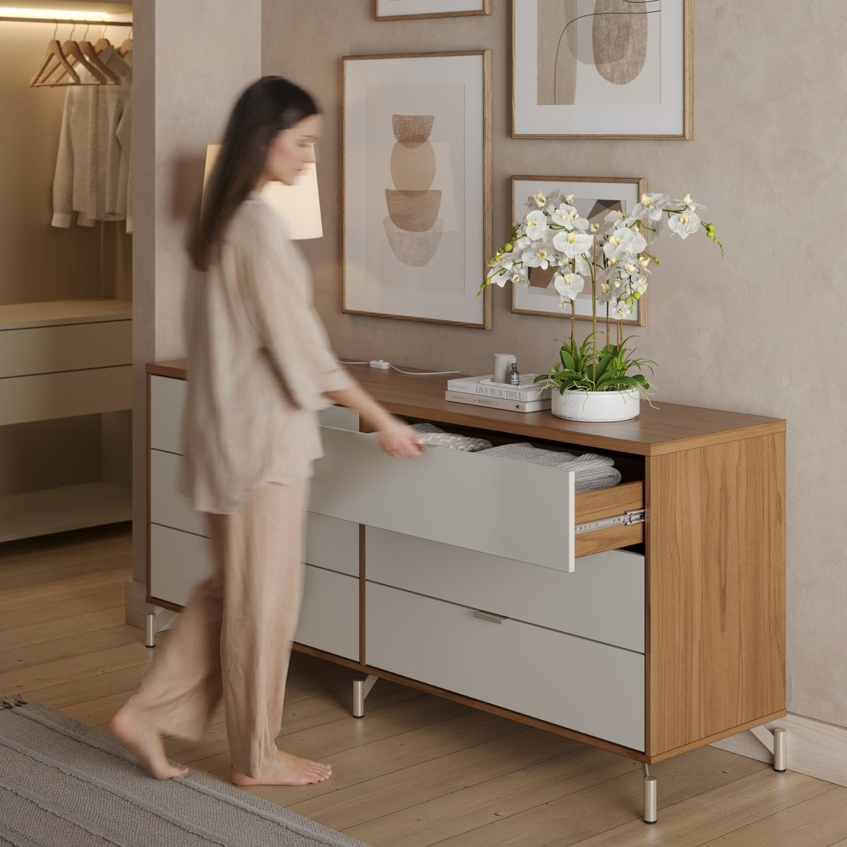 Cômoda com 6 Gavetas e 2 Mesas de Cabeceira Glow