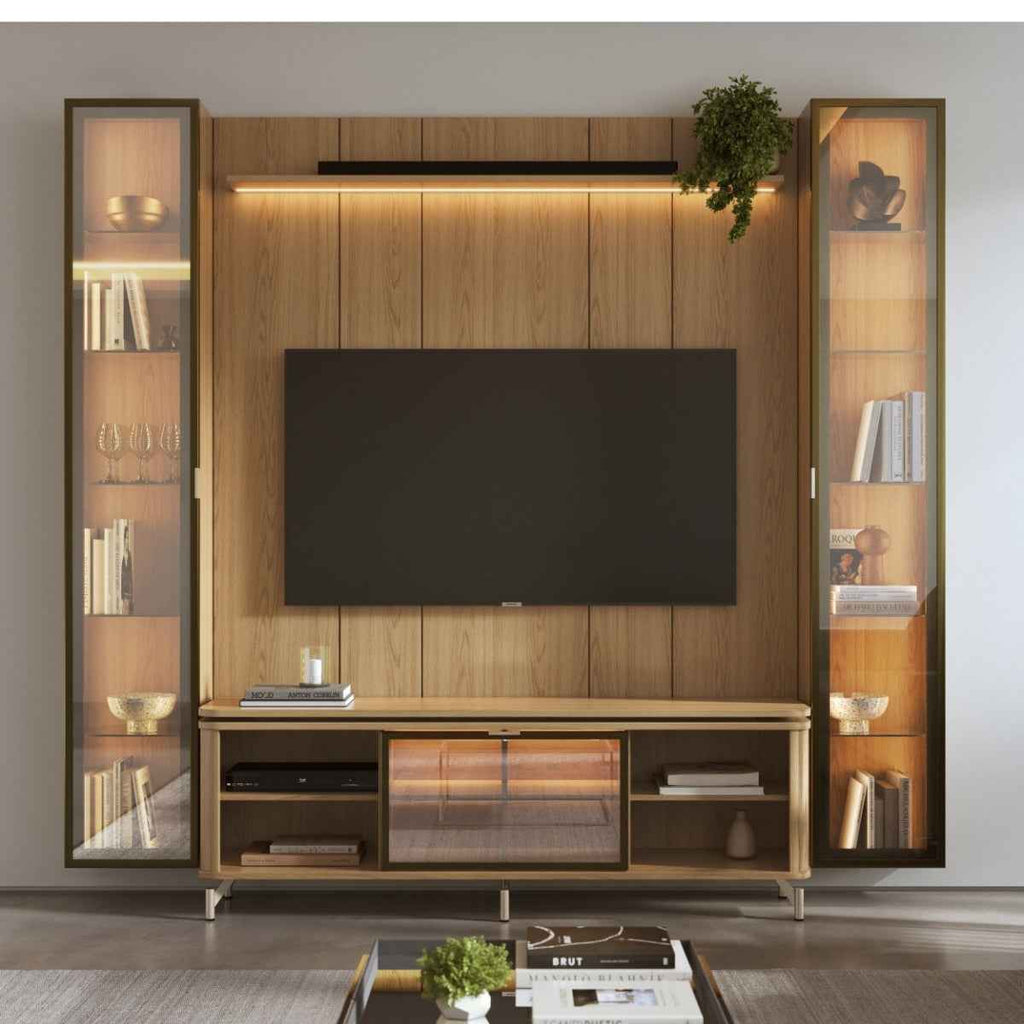 Estante para TV até 75 Polegadas com 2 Cristaleiras Vidro Reflecta 100% MDF com Led Lincoln Float 254cm