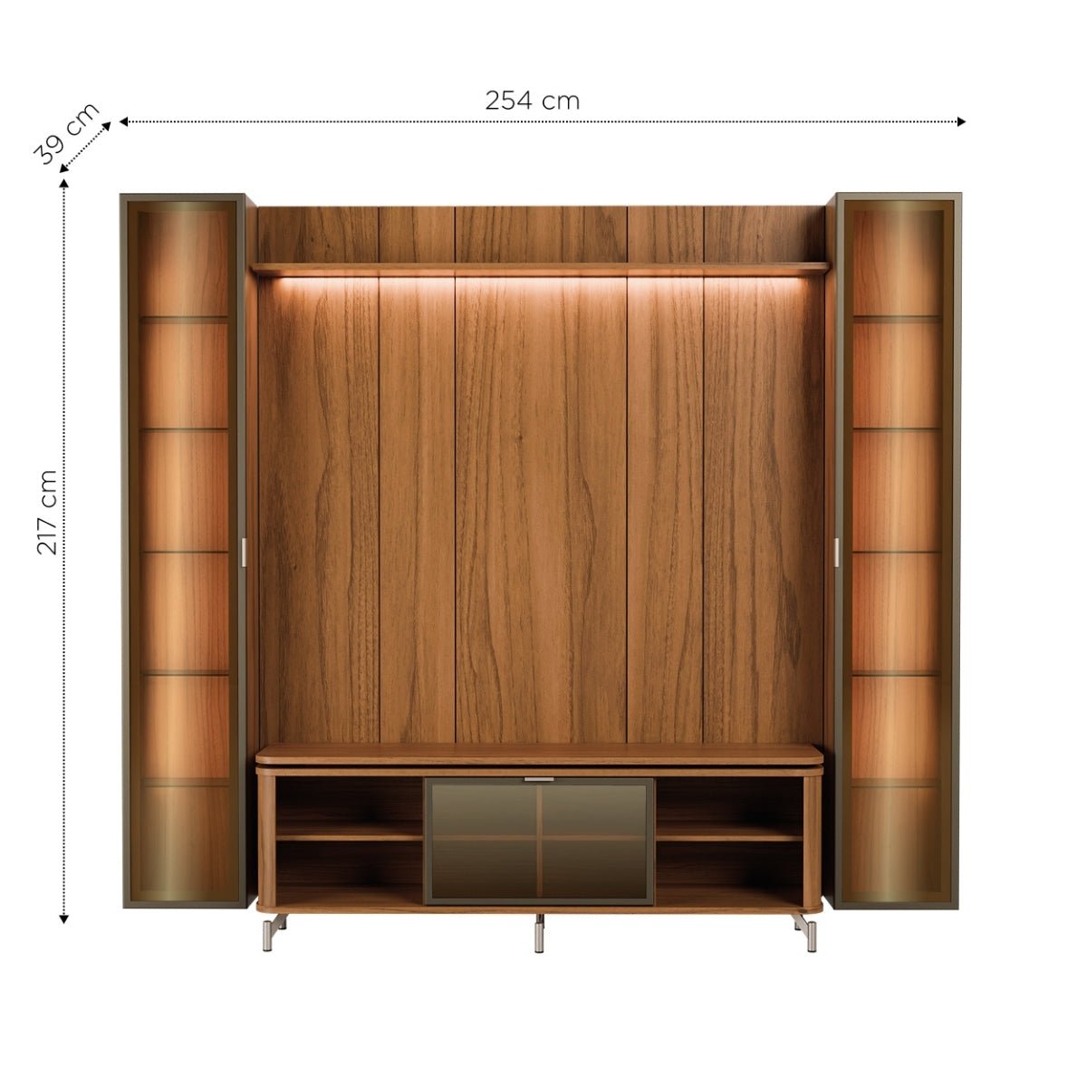 Estante para TV até 75 Polegadas com 2 Cristaleiras Vidro Reflecta 100% MDF com Led Lincoln Float 254cm
