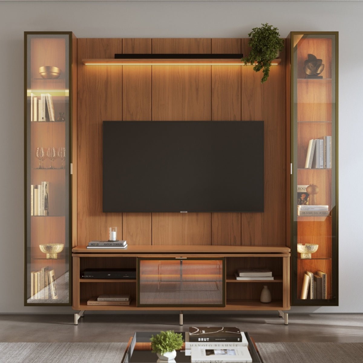 Estante para TV até 75 Polegadas com 2 Cristaleiras Vidro Reflecta 100% MDF com Led Lincoln Float 254cm