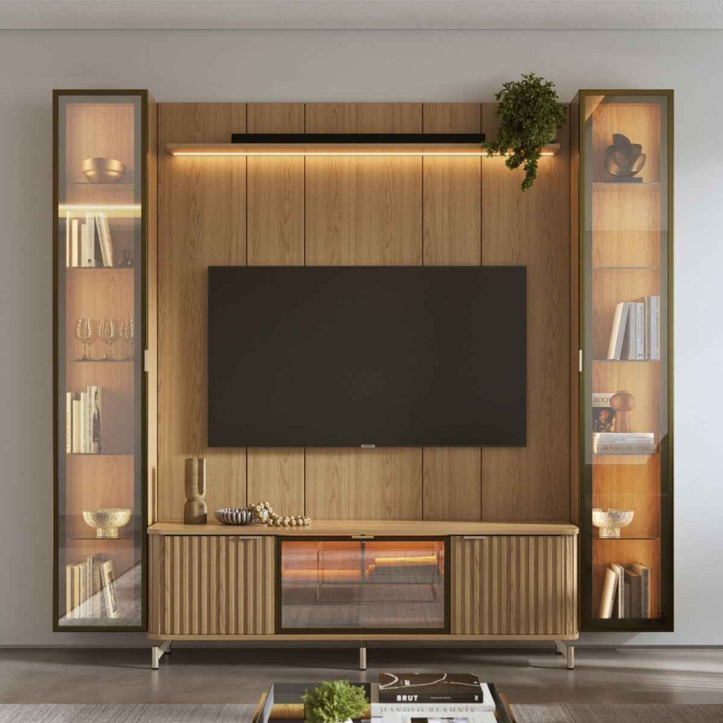 Estante para TV até 75 Polegadas com 2 Cristaleiras Vidro Reflecta 100% MDF com Led Neon Float 254cm