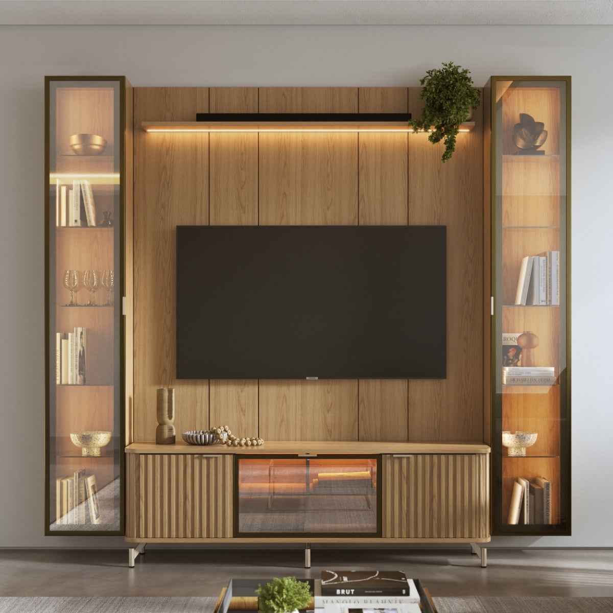 Estante para TV até 75 Polegadas com 2 Cristaleiras Vidro Reflecta 100% MDF com Led Neon Float 254cm