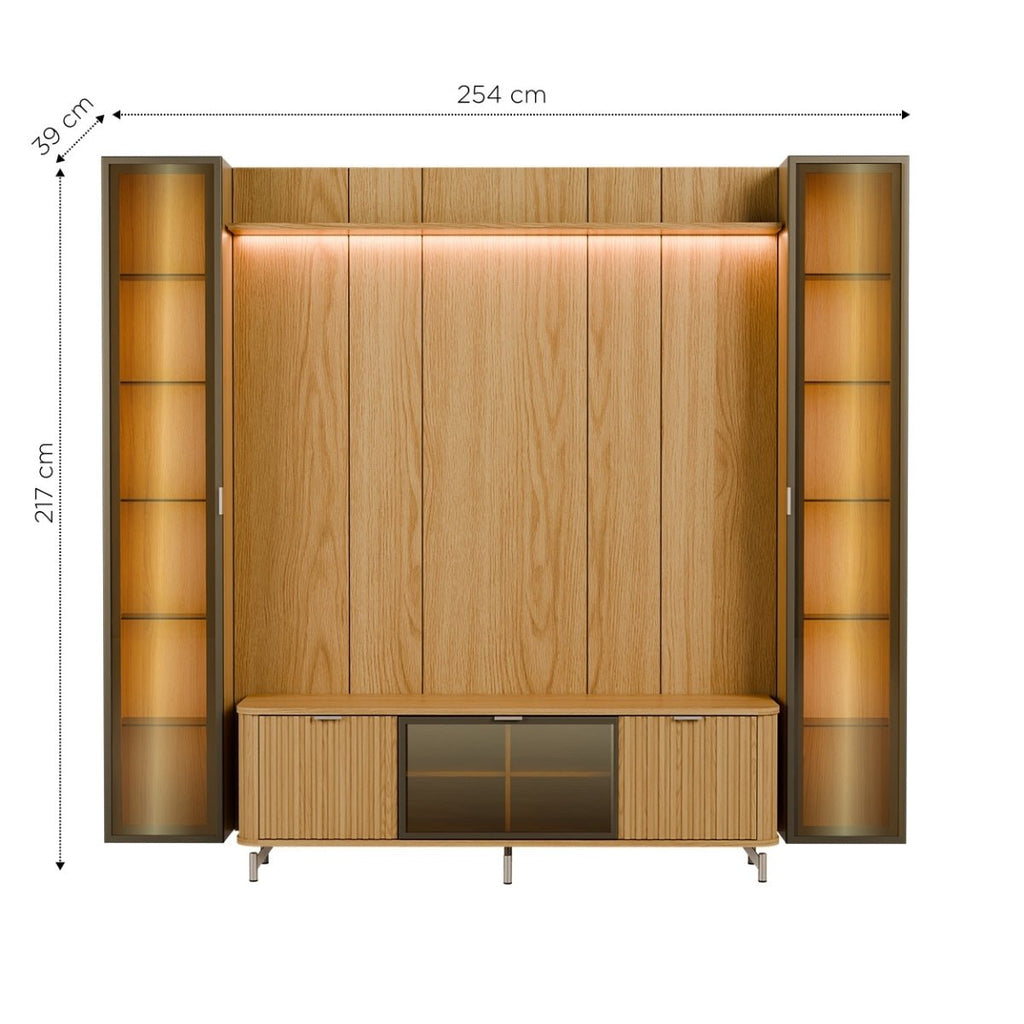 Estante para TV até 75 Polegadas com 2 Cristaleiras Vidro Reflecta 100% MDF com Led Neon Float 254cm