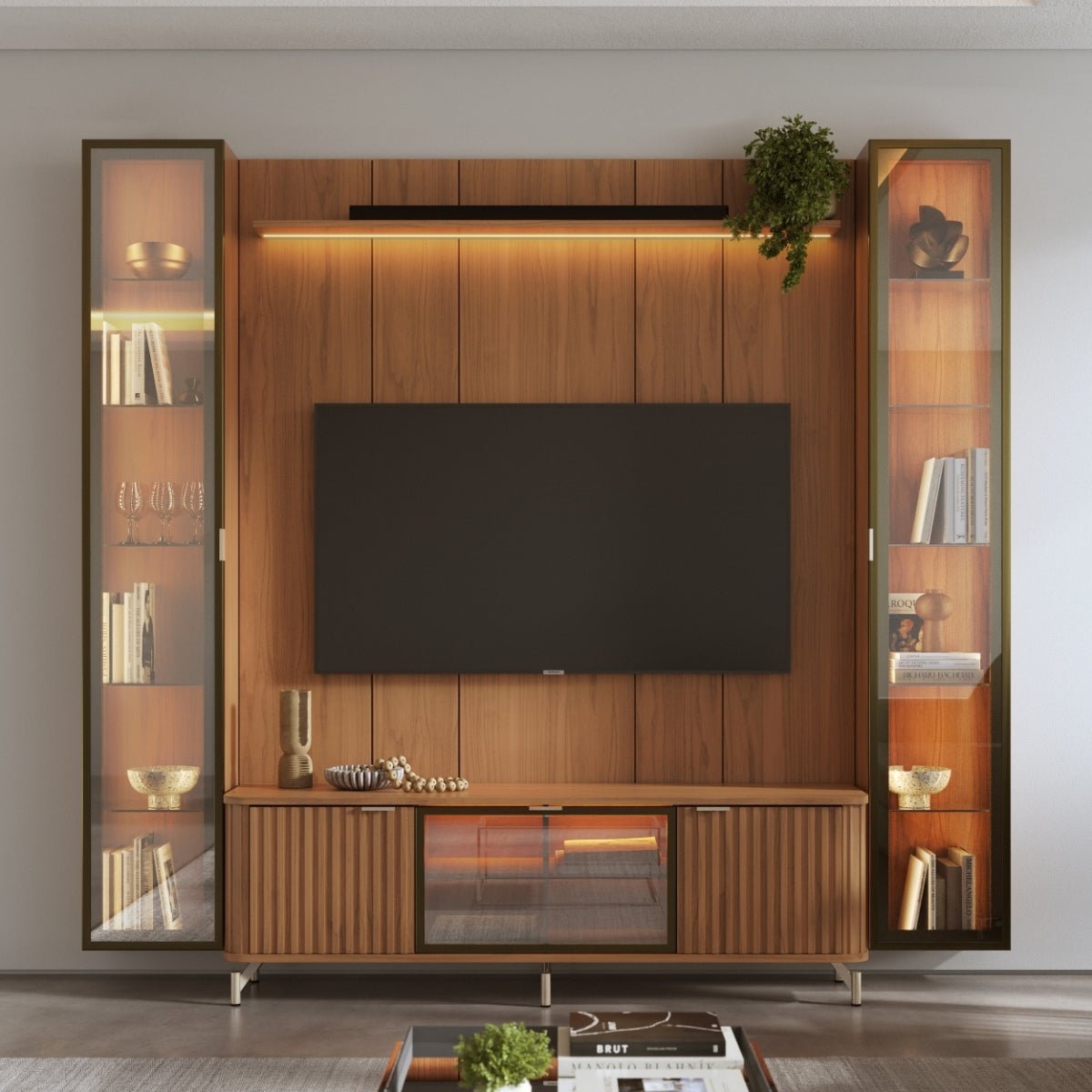 Estante para TV até 75 Polegadas com 2 Cristaleiras Vidro Reflecta 100% MDF com Led Neon Float 254cm