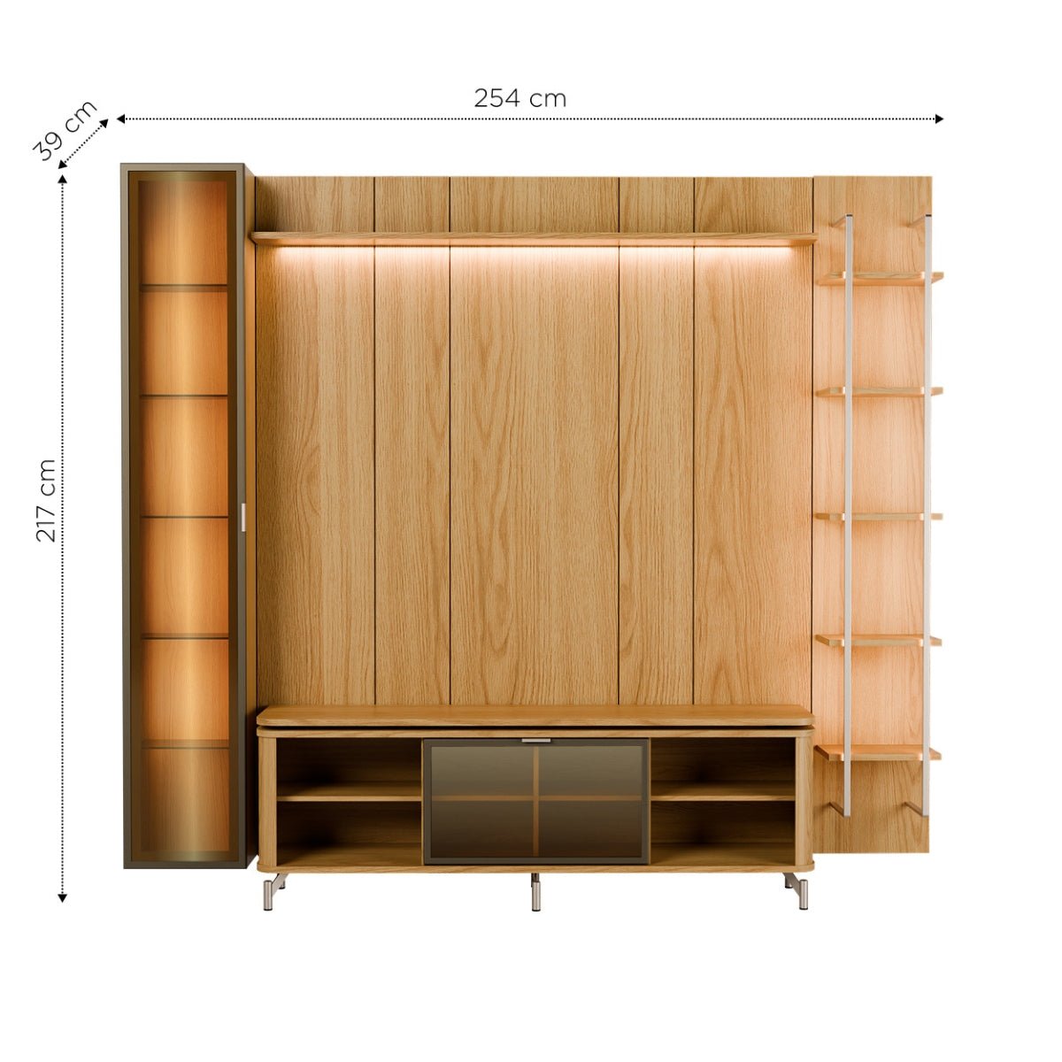 Estante para TV até 75 Polegadas com Prateleiras e Cristaleira Vidro Reflecta 100% MDF com Led Lincoln Float 254cm
