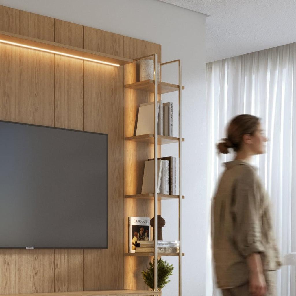 Estante para TV até 75 Polegadas com Prateleiras e Cristaleira Vidro Reflecta 100% MDF com Led Lincoln Float 254cm