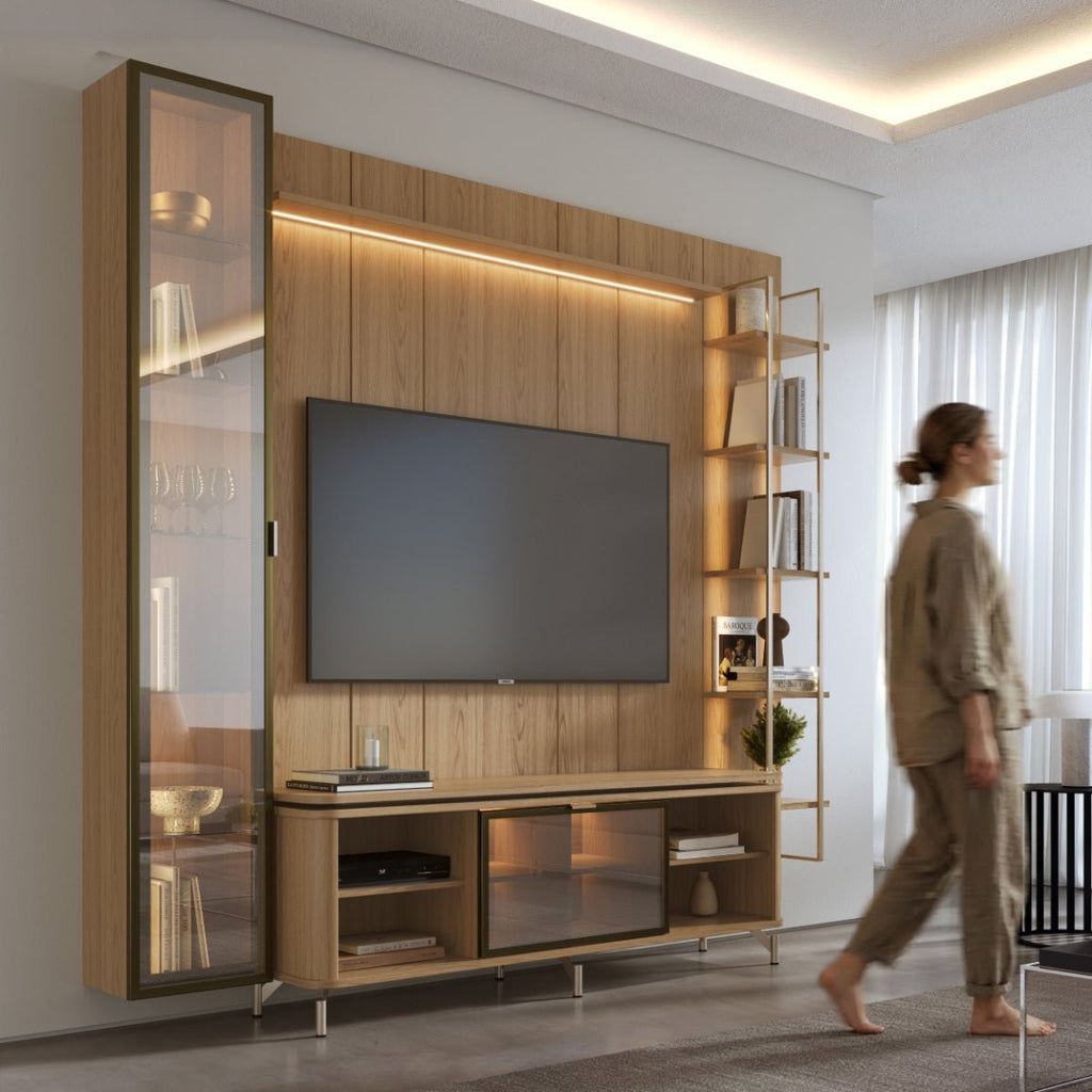 Estante para TV até 75 Polegadas com Prateleiras e Cristaleira Vidro Reflecta 100% MDF com Led Lincoln Float 254cm