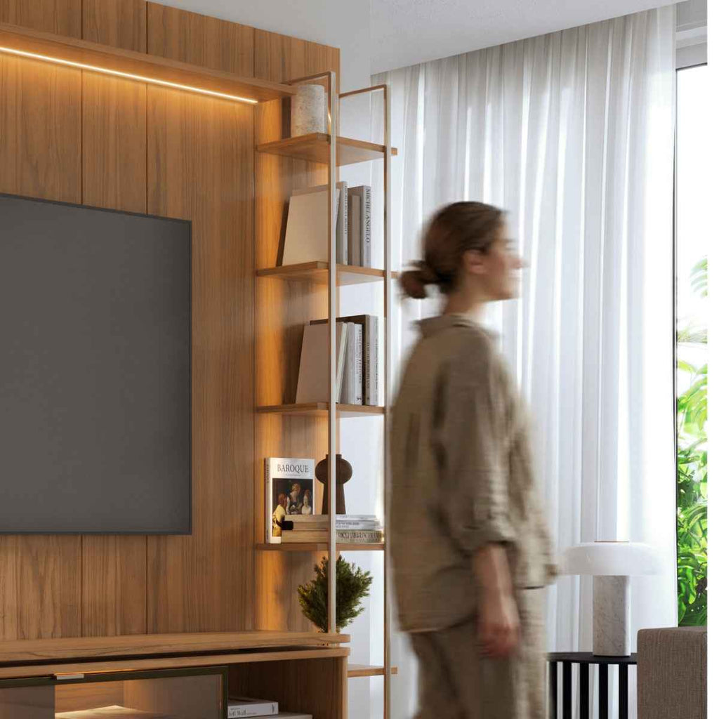 Estante para TV até 75 Polegadas com Prateleiras e Cristaleira Vidro Reflecta 100% MDF com Led Lincoln Float 254cm