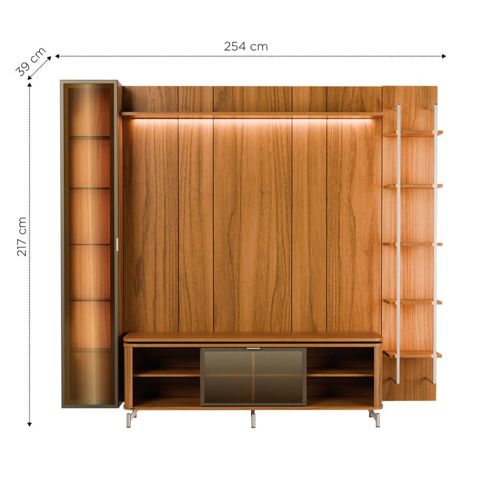 Estante para TV até 75 Polegadas com Prateleiras e Cristaleira Vidro Reflecta 100% MDF com Led Lincoln Float 254cm