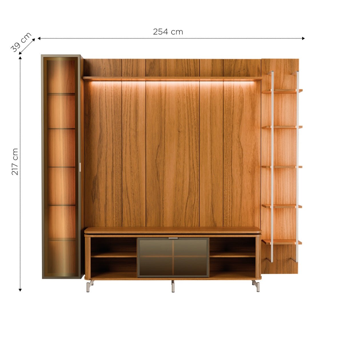 Estante para TV até 75 Polegadas com Prateleiras e Cristaleira Vidro Reflecta 100% MDF com Led Lincoln Float 254cm