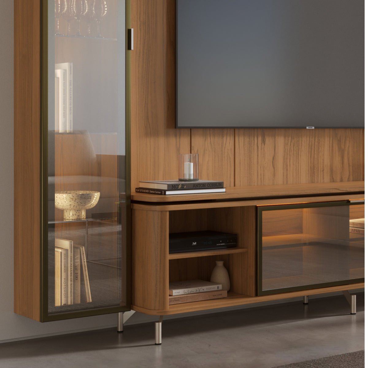 Estante para TV até 75 Polegadas com Prateleiras e Cristaleira Vidro Reflecta 100% MDF com Led Lincoln Float 254cm