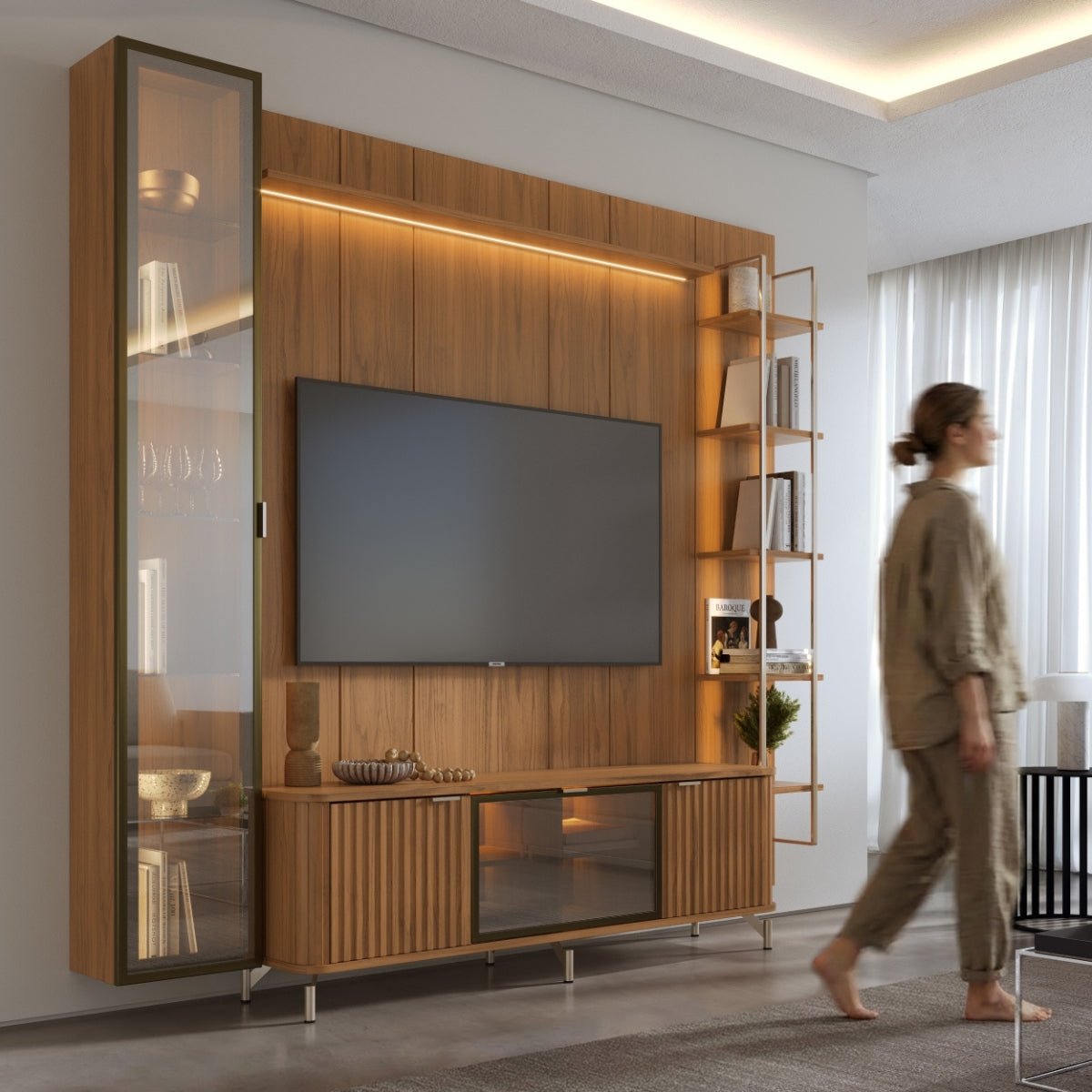 Estante para TV até 75 Polegadas com Prateleiras e Cristaleira Vidro Reflecta 100% MDF com Led Neon Float 254cm