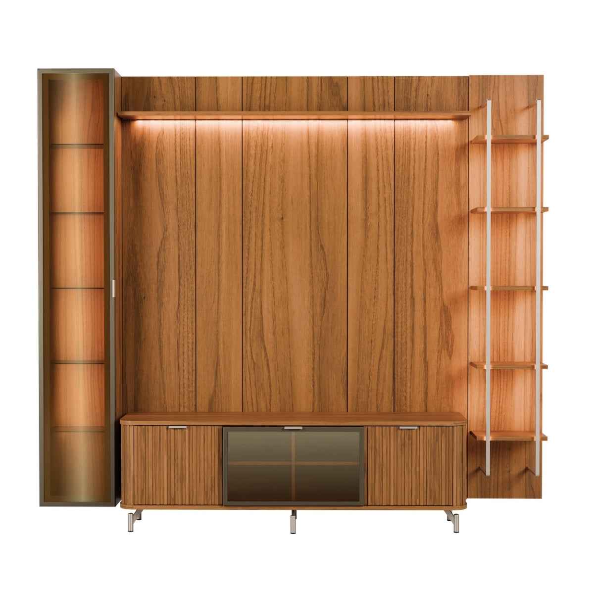 Estante para TV até 75 Polegadas com Prateleiras e Cristaleira Vidro Reflecta 100% MDF com Led Neon Float 254cm