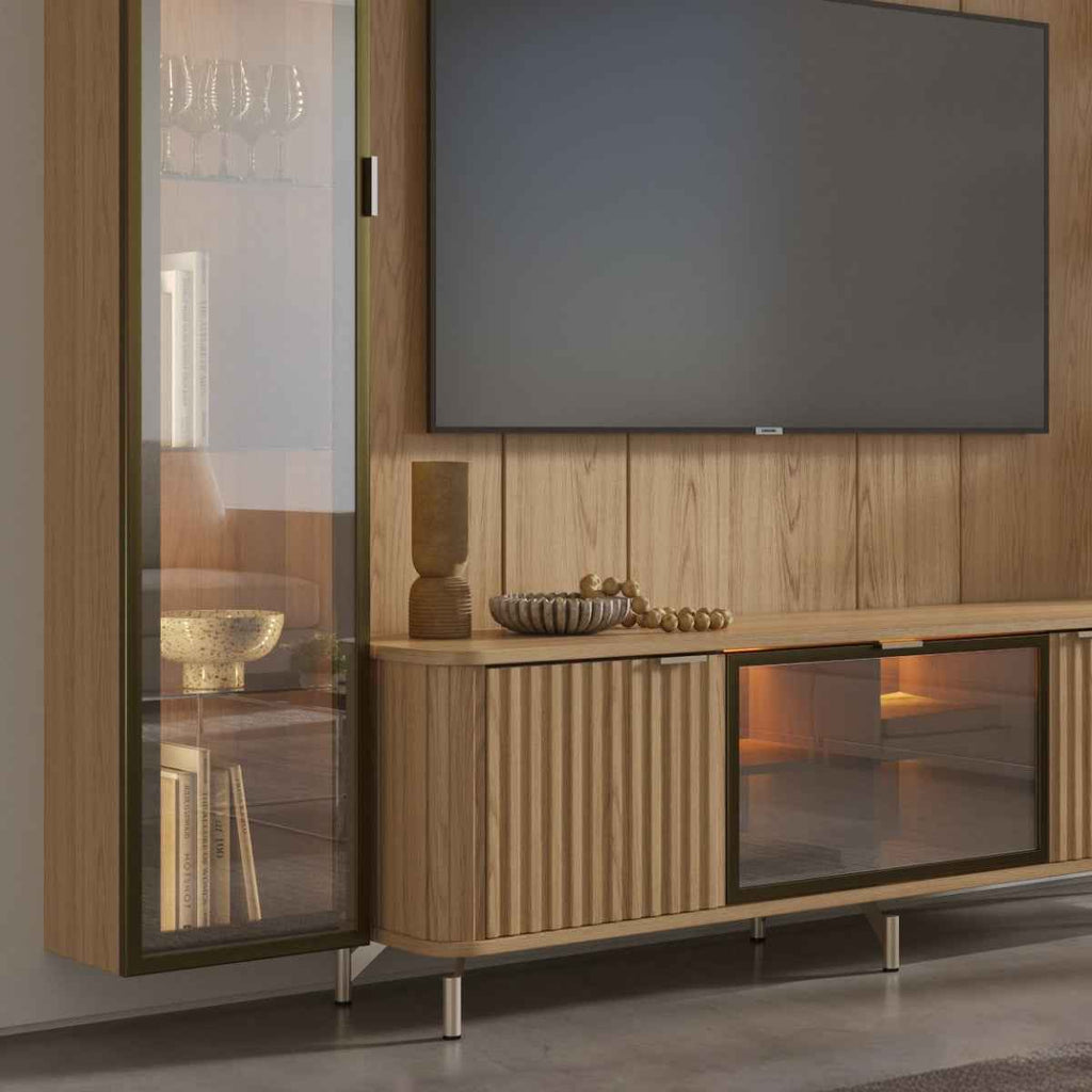 Estante para TV até 75 Polegadas com Prateleiras e Cristaleira Vidro Reflecta 100% MDF com Led Neon Float 254cm