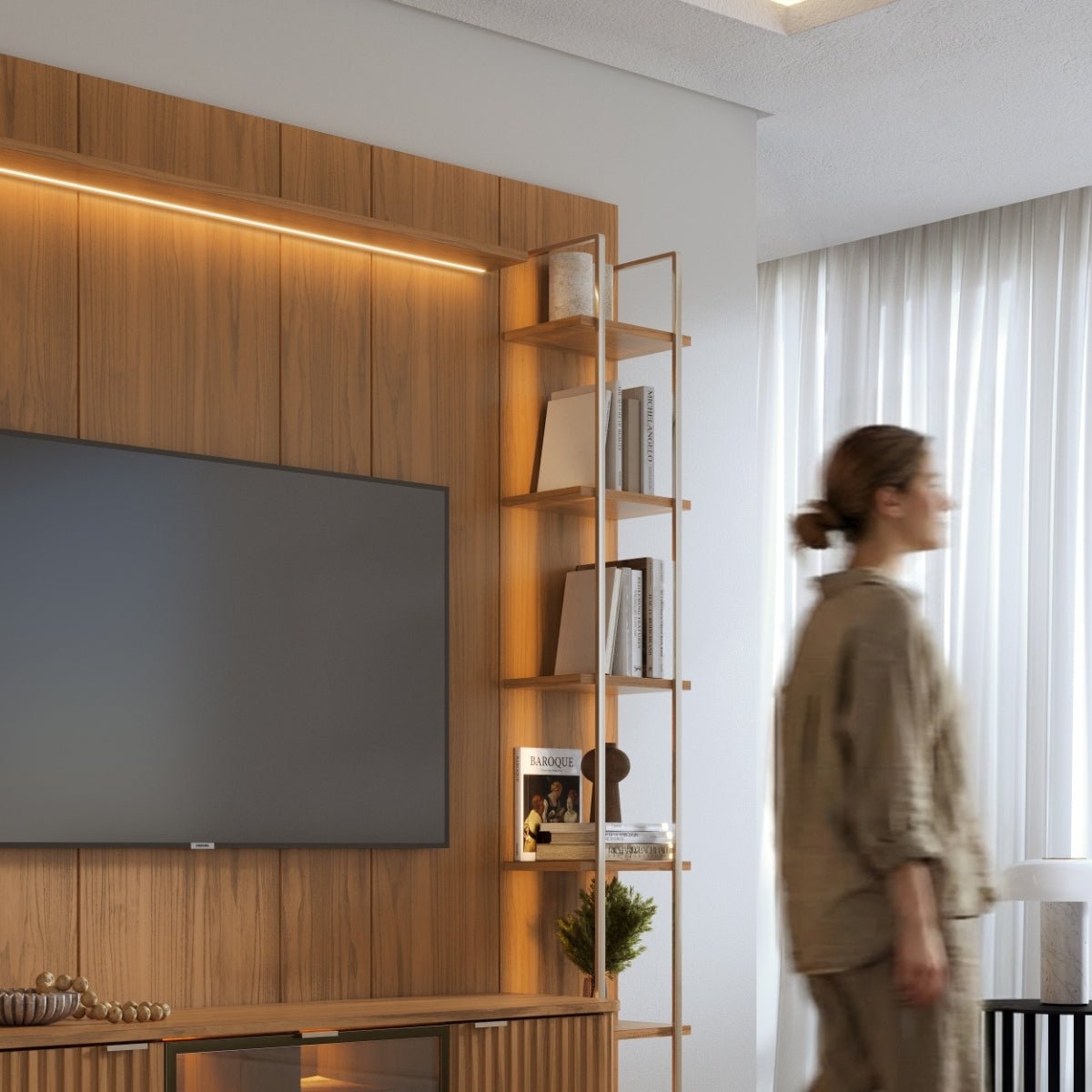 Estante para TV até 75 Polegadas com Prateleiras e Cristaleira Vidro Reflecta 100% MDF com Led Neon Float 254cm