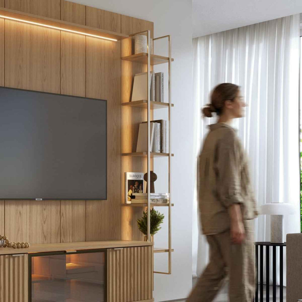 Estante para TV até 75 Polegadas com Prateleiras e Cristaleira Vidro Reflecta 100% MDF com Led Neon Float 254cm