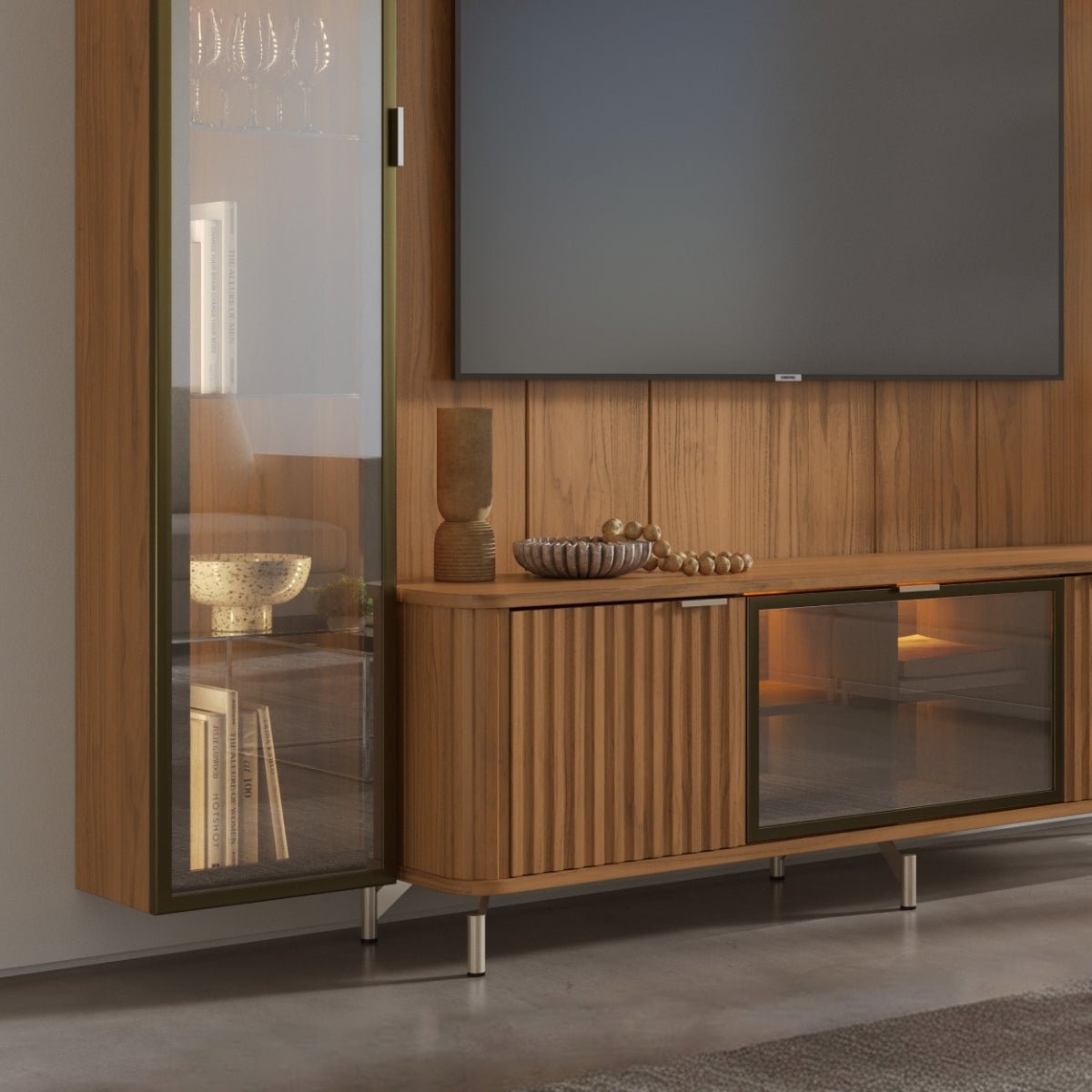Estante para TV até 75 Polegadas com Prateleiras e Cristaleira Vidro Reflecta 100% MDF com Led Neon Float 254cm