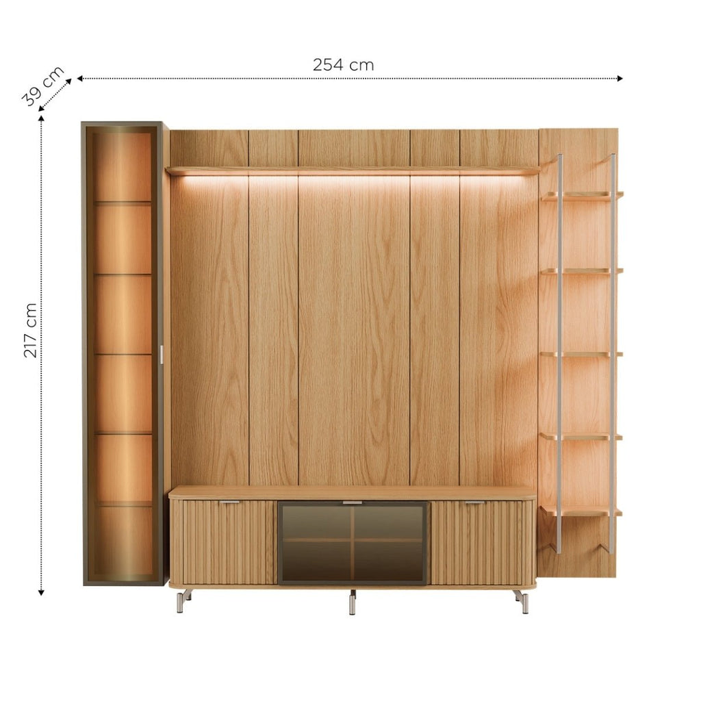 Estante para TV até 75 Polegadas com Prateleiras e Cristaleira Vidro Reflecta 100% MDF com Led Neon Float 254cm