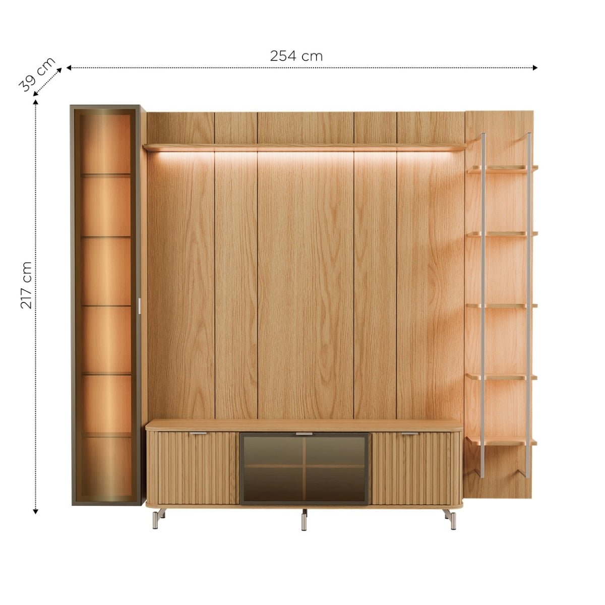 Estante para TV até 75 Polegadas com Prateleiras e Cristaleira Vidro Reflecta 100% MDF com Led Neon Float 254cm