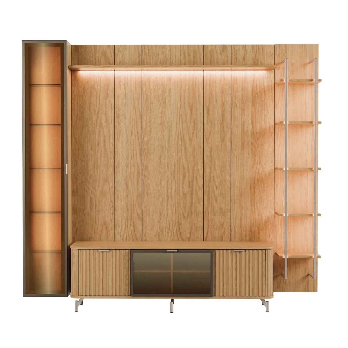 Estante para TV até 75 Polegadas com Prateleiras e Cristaleira Vidro Reflecta 100% MDF com Led Neon Float 254cm