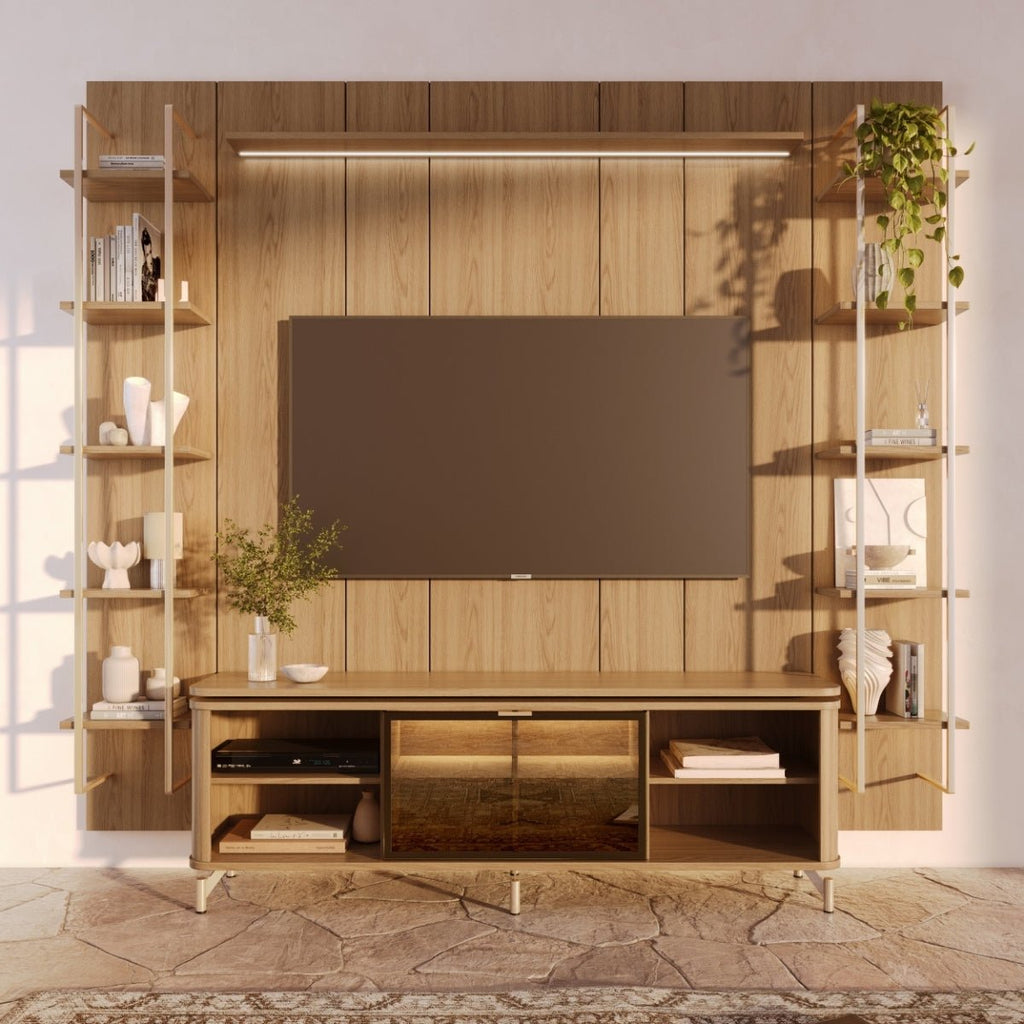 Estante para TV até 75 Polegadas Vidro Reflecta com Prateleiras 100% MDF com Led Lincoln Float 254cm