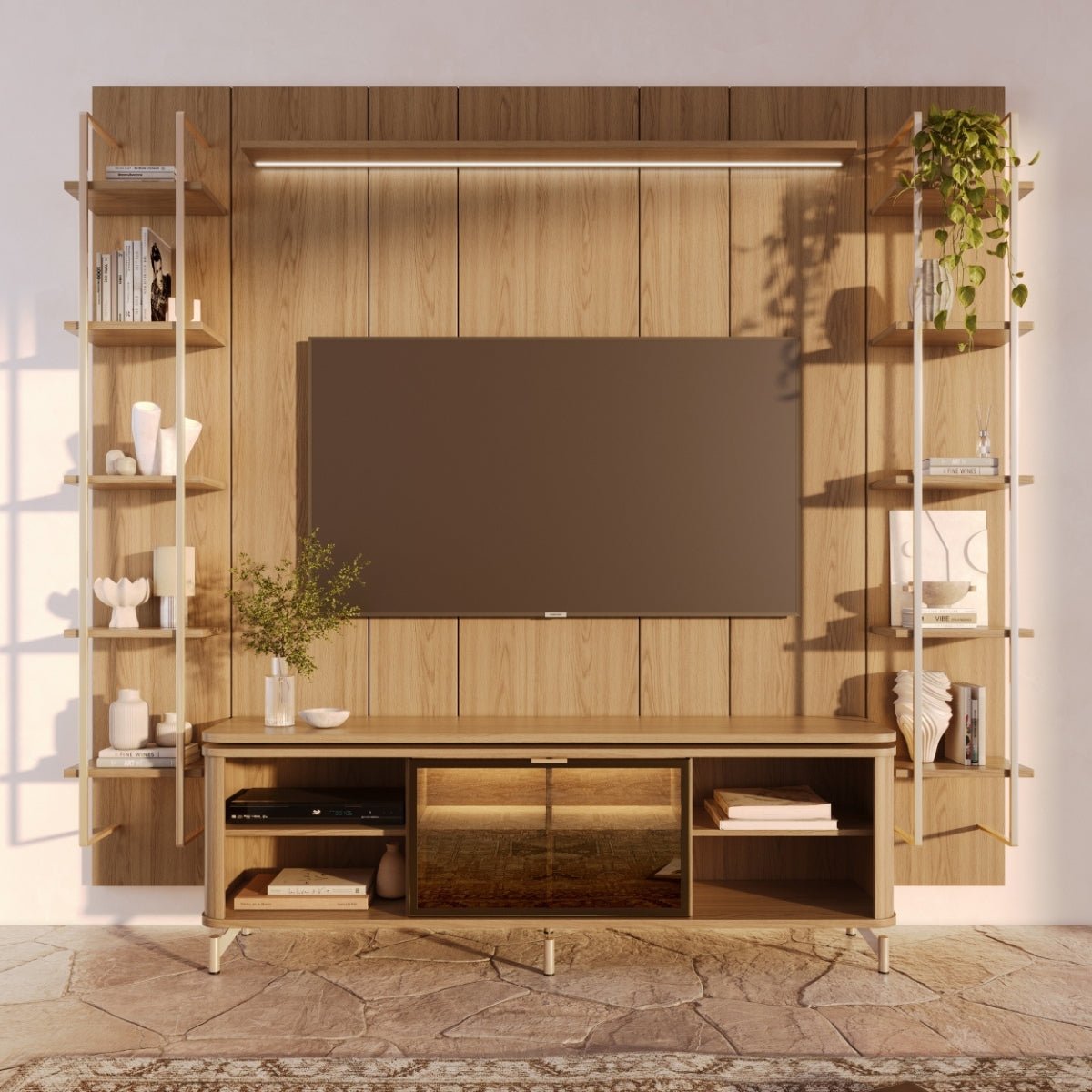 Estante para TV até 75 Polegadas Vidro Reflecta com Prateleiras 100% MDF com Led Lincoln Float 254cm
