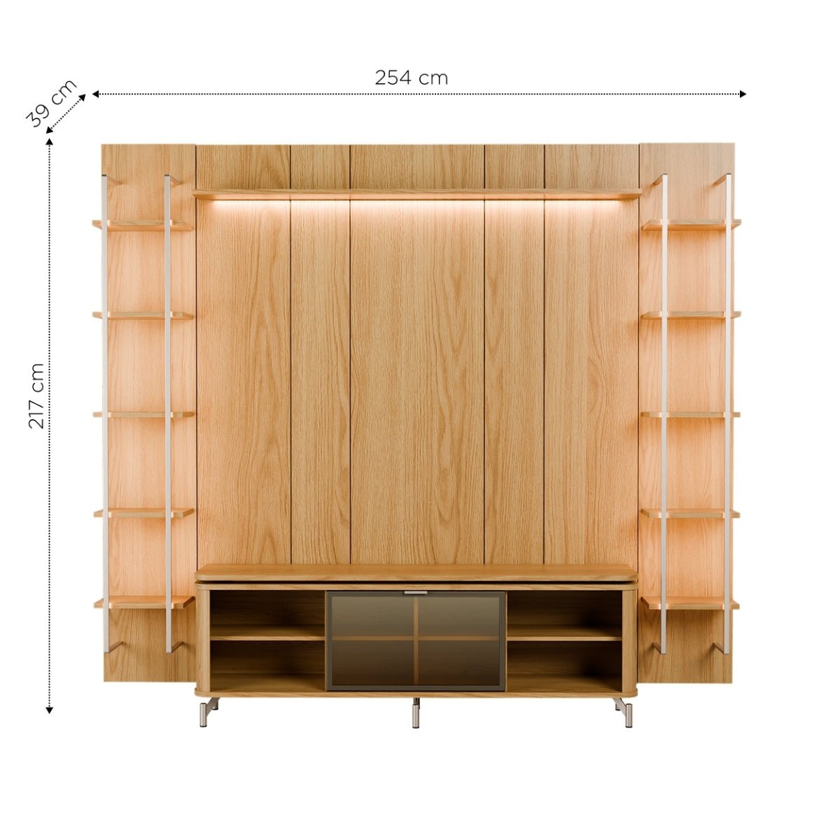 Estante para TV até 75 Polegadas Vidro Reflecta com Prateleiras 100% MDF com Led Lincoln Float 254cm