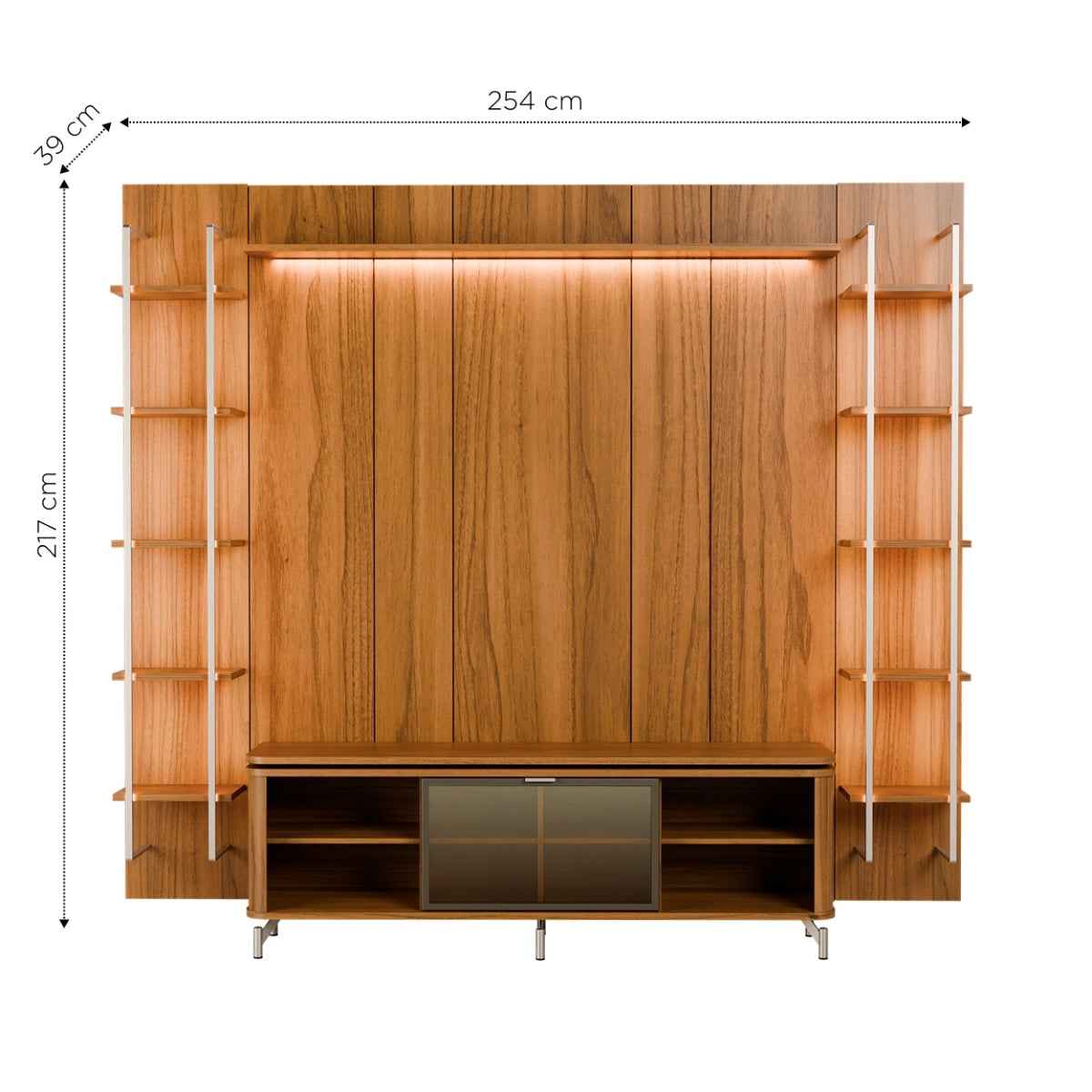 Estante para TV até 75 Polegadas Vidro Reflecta com Prateleiras 100% MDF com Led Lincoln Float 254cm