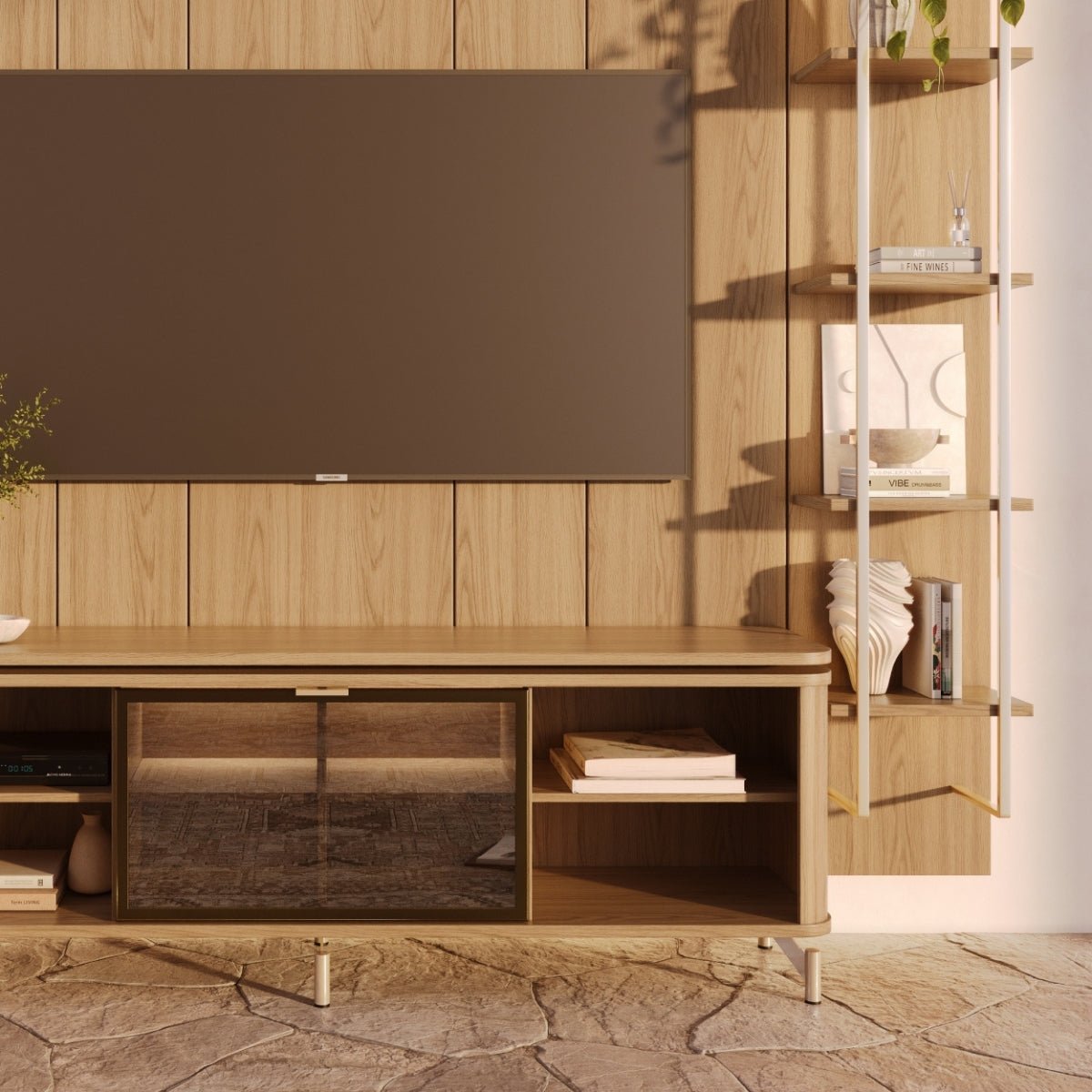 Estante para TV até 75 Polegadas Vidro Reflecta com Prateleiras 100% MDF com Led Lincoln Float 254cm