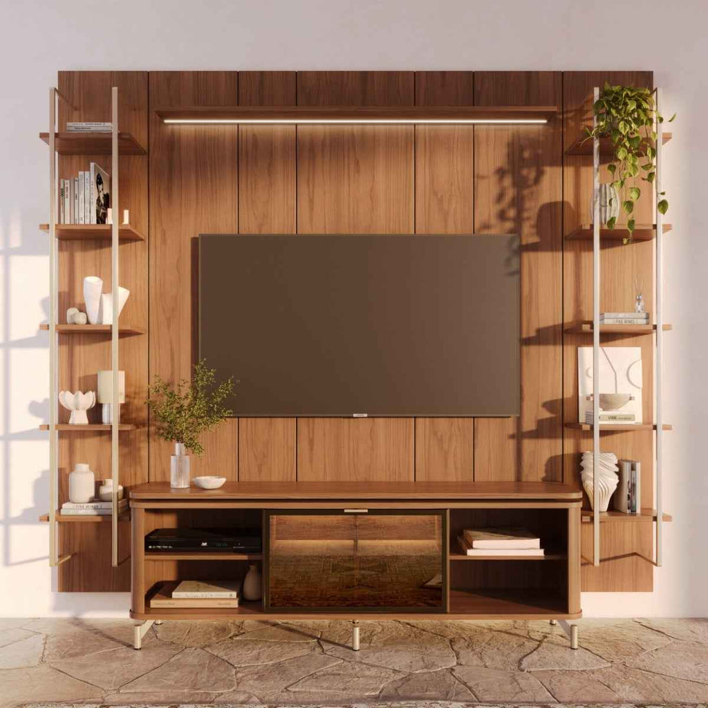 Estante para TV até 75 Polegadas Vidro Reflecta com Prateleiras 100% MDF com Led Lincoln Float 254cm