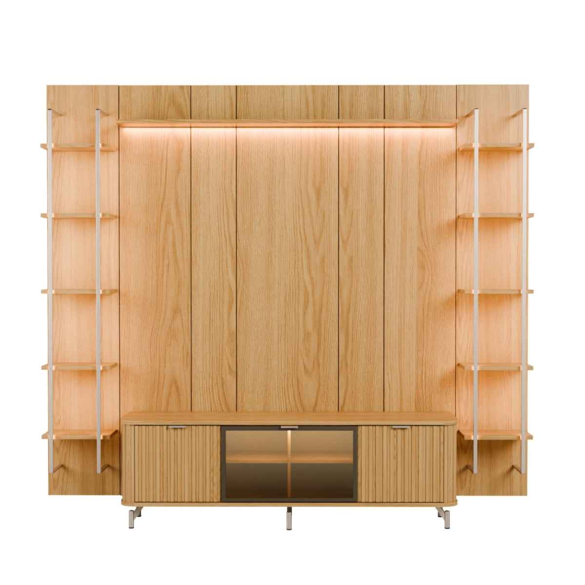 Estante para TV até 75 Polegadas Vidro Reflecta com Prateleiras 100% MDF com Led Neon Float 254cm