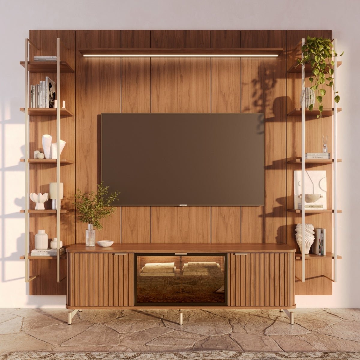 Estante para TV até 75 Polegadas Vidro Reflecta com Prateleiras 100% MDF com Led Neon Float 254cm