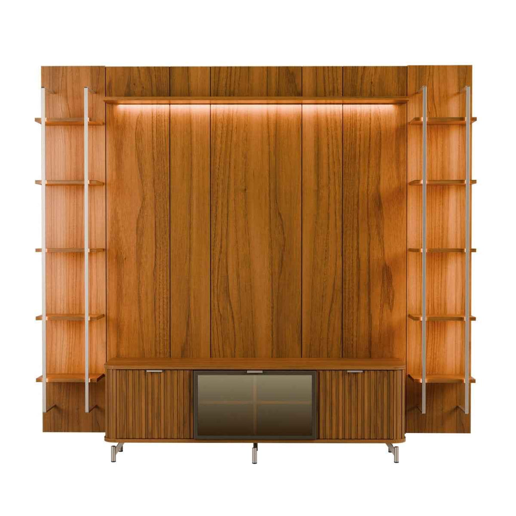 Estante para TV até 75 Polegadas Vidro Reflecta com Prateleiras 100% MDF com Led Neon Float 254cm