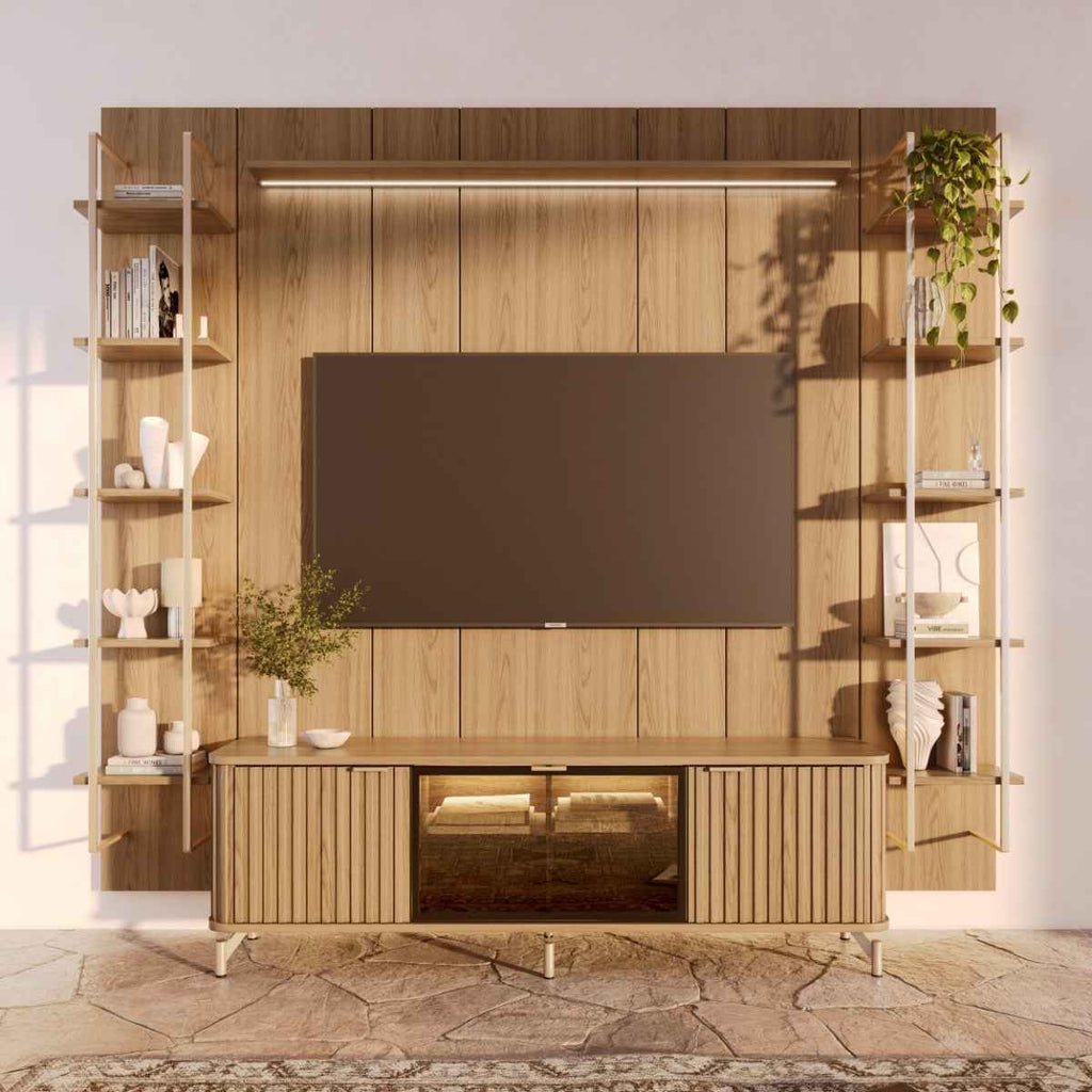 Estante para TV até 75 Polegadas Vidro Reflecta com Prateleiras 100% MDF com Led Neon Float 254cm