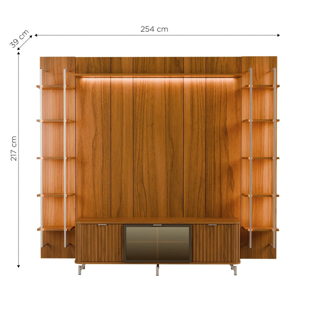Estante para TV até 75 Polegadas Vidro Reflecta com Prateleiras 100% MDF com Led Neon Float 254cm