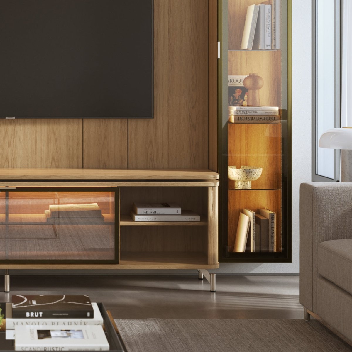 Estante para TV até 85 Polegadas com 2 Cristaleiras Vidro Reflecta 100% MDF com Led Lincoln Float 291cm