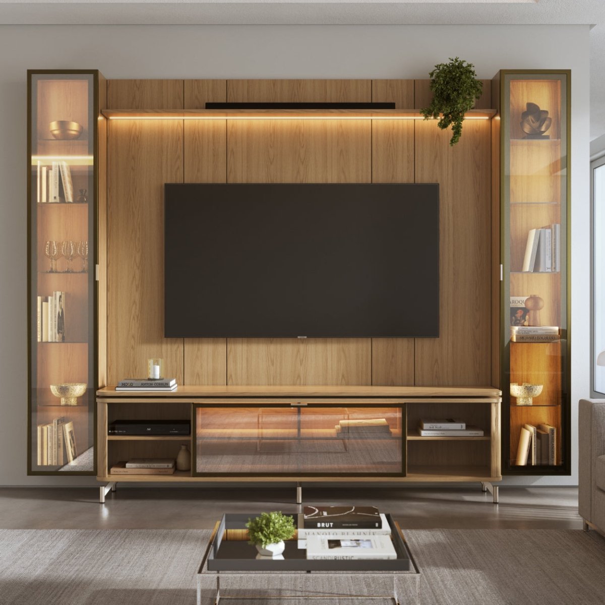 Estante para TV até 85 Polegadas com 2 Cristaleiras Vidro Reflecta 100% MDF com Led Lincoln Float 291cm