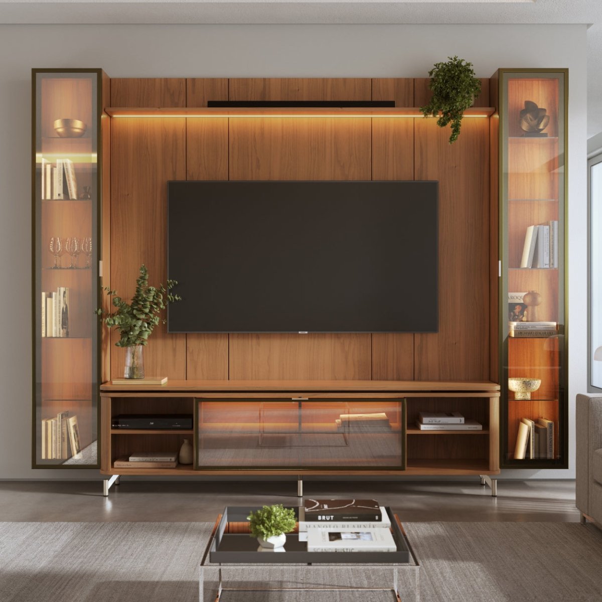 Estante para TV até 85 Polegadas com 2 Cristaleiras Vidro Reflecta 100% MDF com Led Lincoln Float 291cm