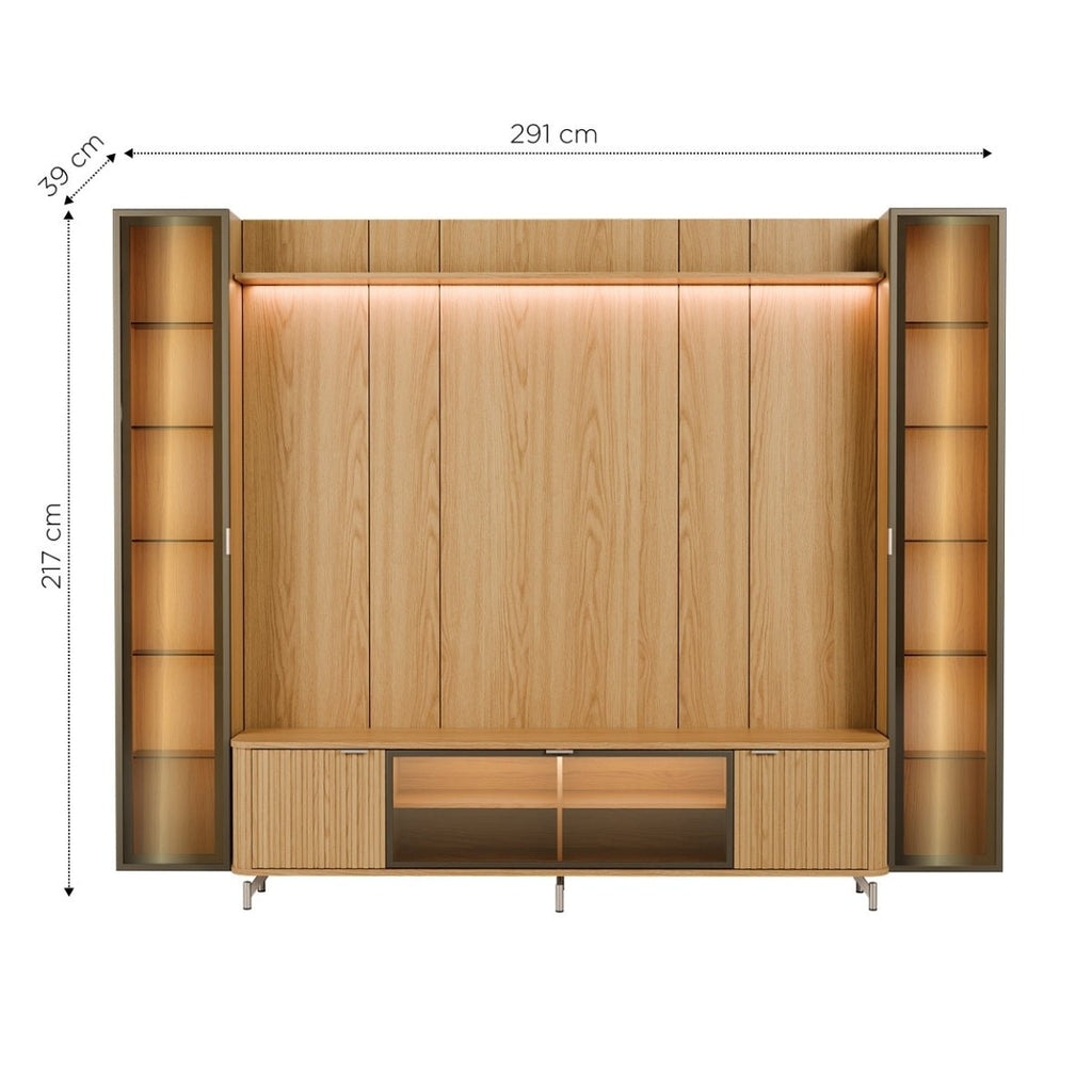 Estante para TV até 85 Polegadas com 2 Cristaleiras Vidro Reflecta 100% MDF com Led Neon Float 291cm