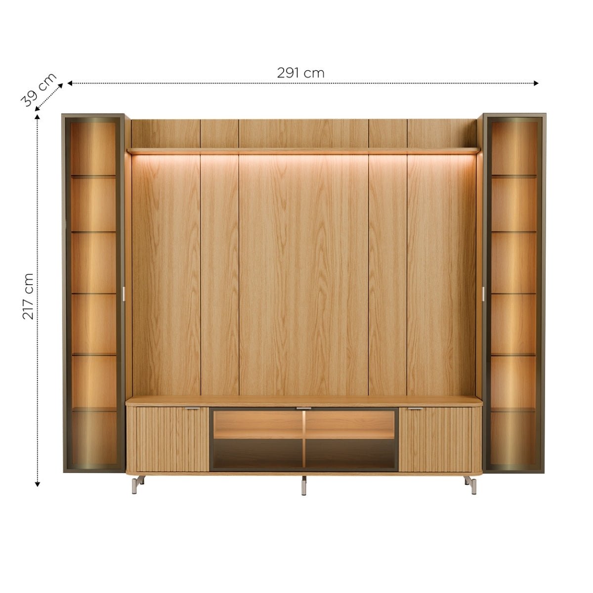 Estante para TV até 85 Polegadas com 2 Cristaleiras Vidro Reflecta 100% MDF com Led Neon Float 291cm