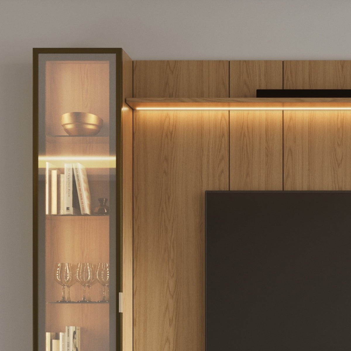Estante para TV até 85 Polegadas com 2 Cristaleiras Vidro Reflecta 100% MDF com Led Neon Float 291cm