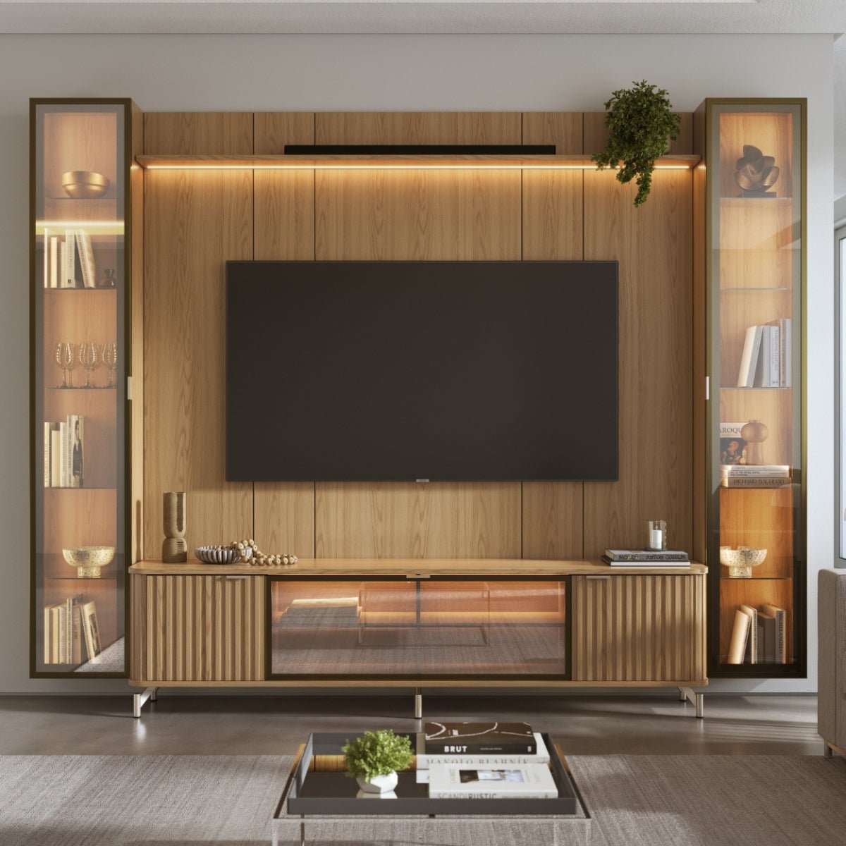 Estante para TV até 85 Polegadas com 2 Cristaleiras Vidro Reflecta 100% MDF com Led Neon Float 291cm