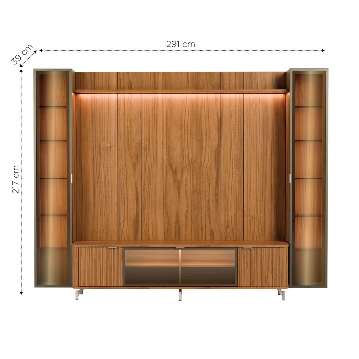 Estante para TV até 85 Polegadas com 2 Cristaleiras Vidro Reflecta 100% MDF com Led Neon Float 291cm