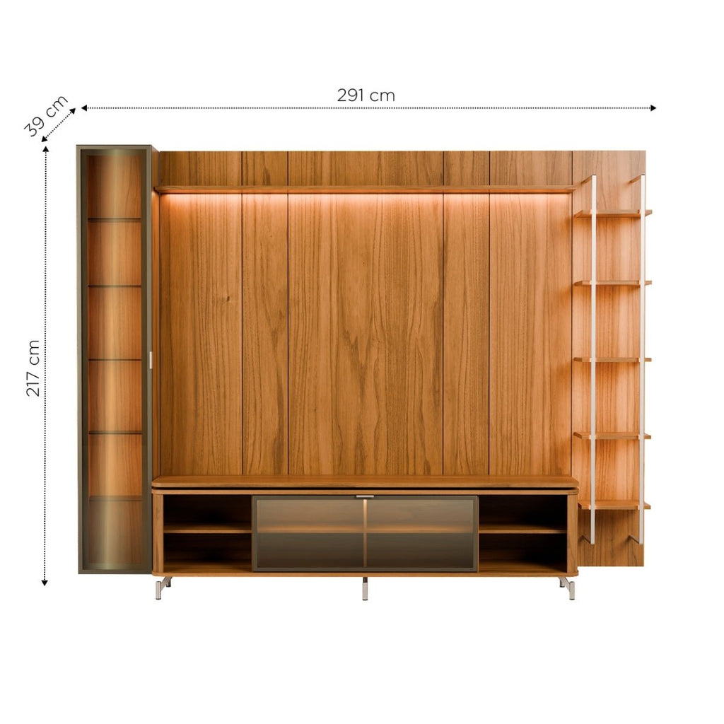 Estante para TV até 85 Polegadas com Prateleiras e Cristaleira Vidro Reflecta 100% MDF com Led Lincoln Float 291cm