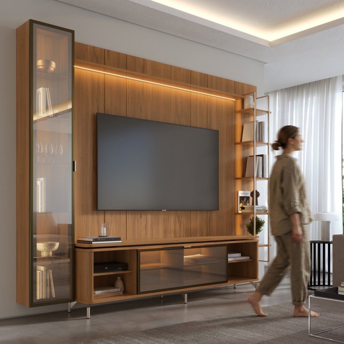 Estante para TV até 85 Polegadas com Prateleiras e Cristaleira Vidro Reflecta 100% MDF com Led Lincoln Float 291cm