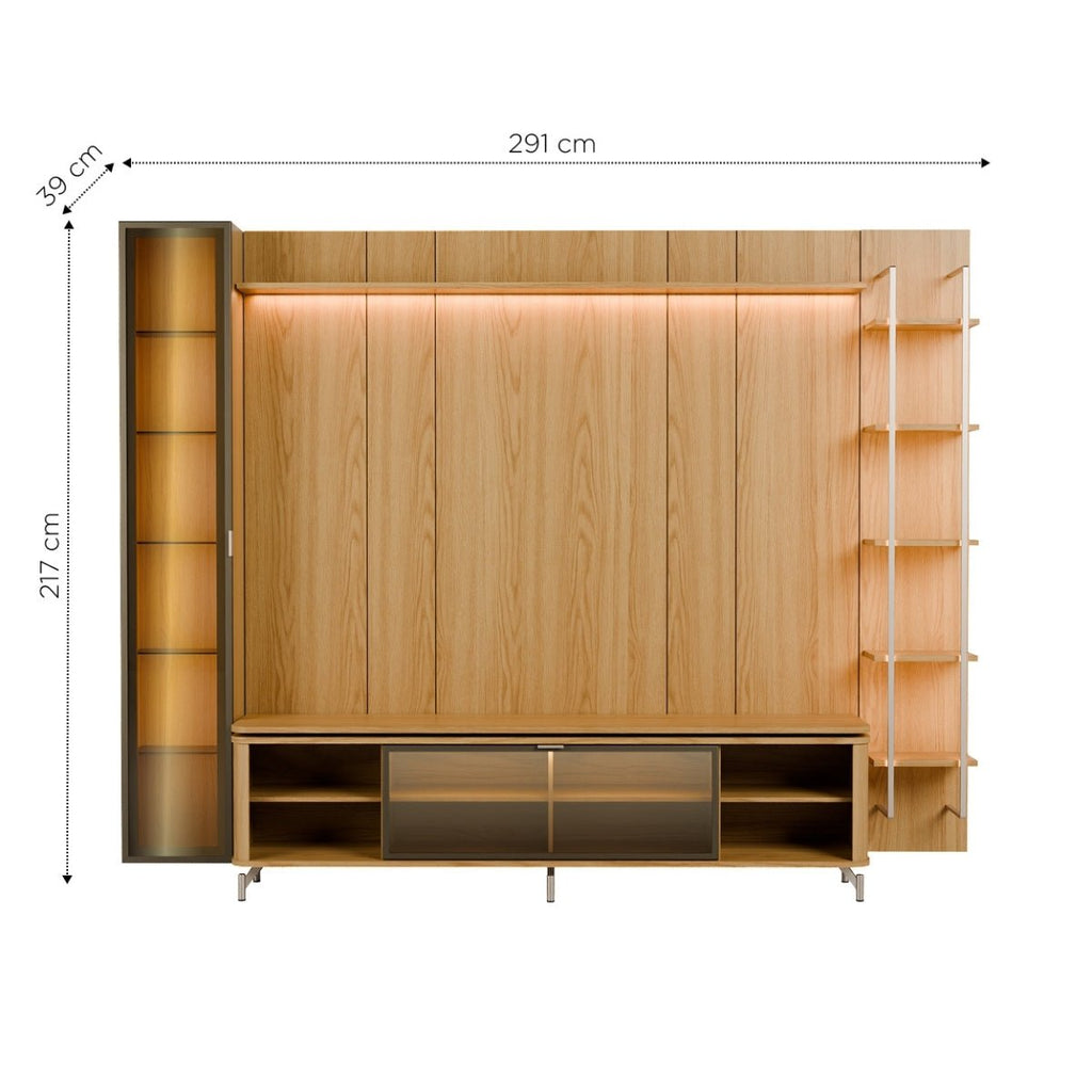 Estante para TV até 85 Polegadas com Prateleiras e Cristaleira Vidro Reflecta 100% MDF com Led Lincoln Float 291cm