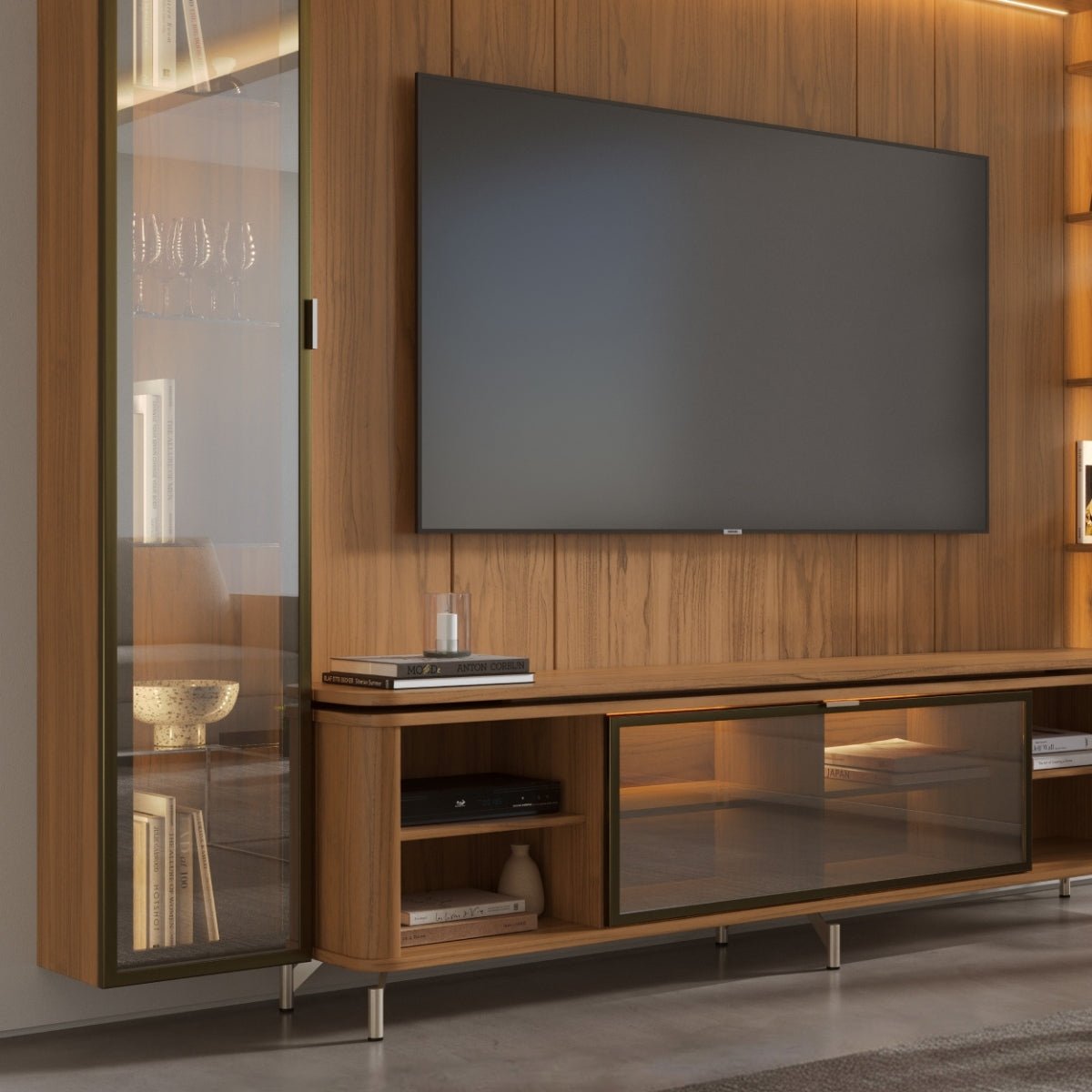 Estante para TV até 85 Polegadas com Prateleiras e Cristaleira Vidro Reflecta 100% MDF com Led Lincoln Float 291cm